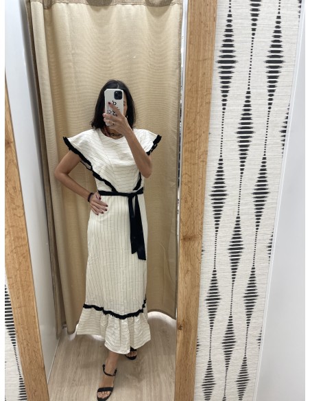 Vestido rayas con detalle flequitos y cinturón negro