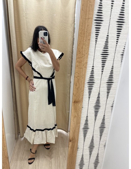 Vestido rayas con detalle flequitos y cinturón negro