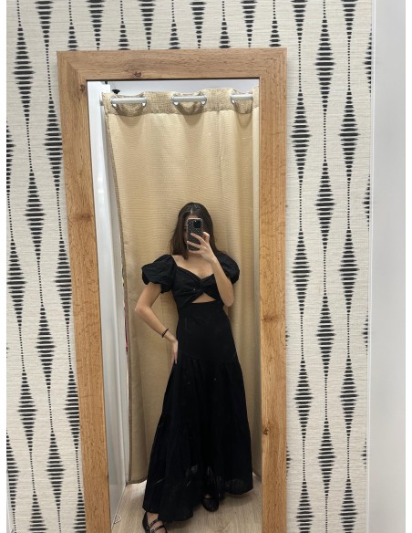 Vestido largo cut out con manga corta abullonada
