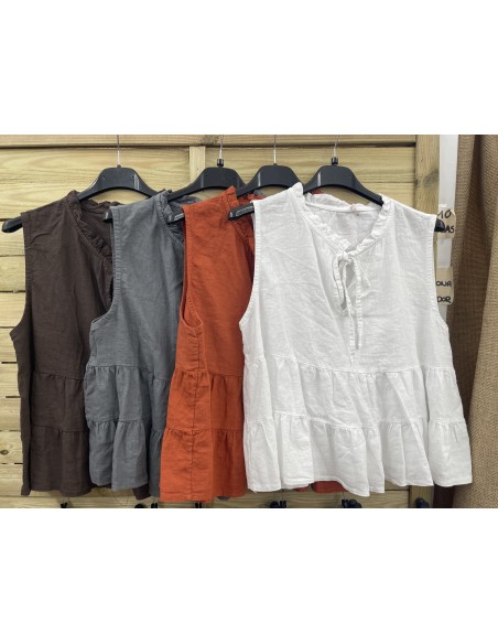 Top de lino de sisa con mini volante y lazada en cuello