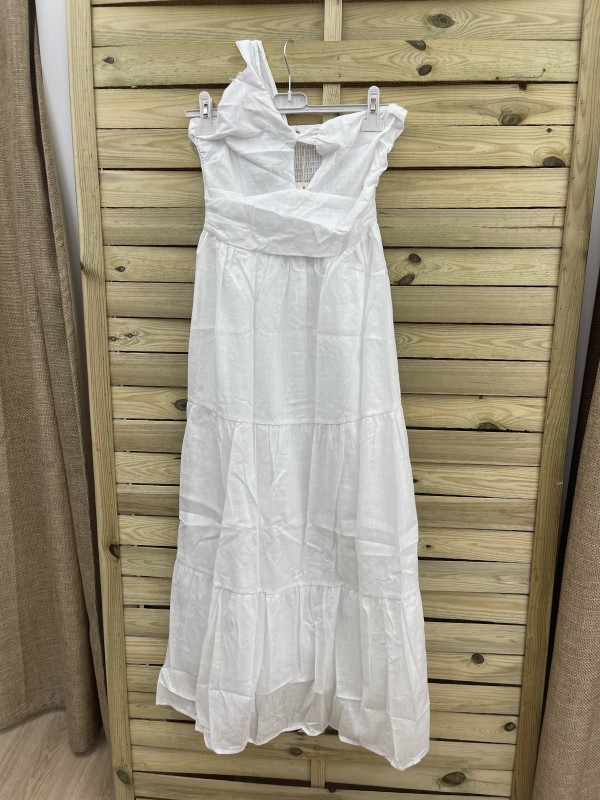 Vestido largo liso con tiranta asimetrica