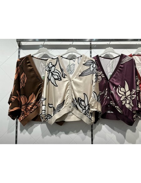 Bomber saten botones estampado flores con bordes de punto