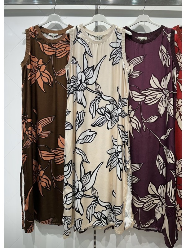 Vestido saten estampado flores con bordes de punto