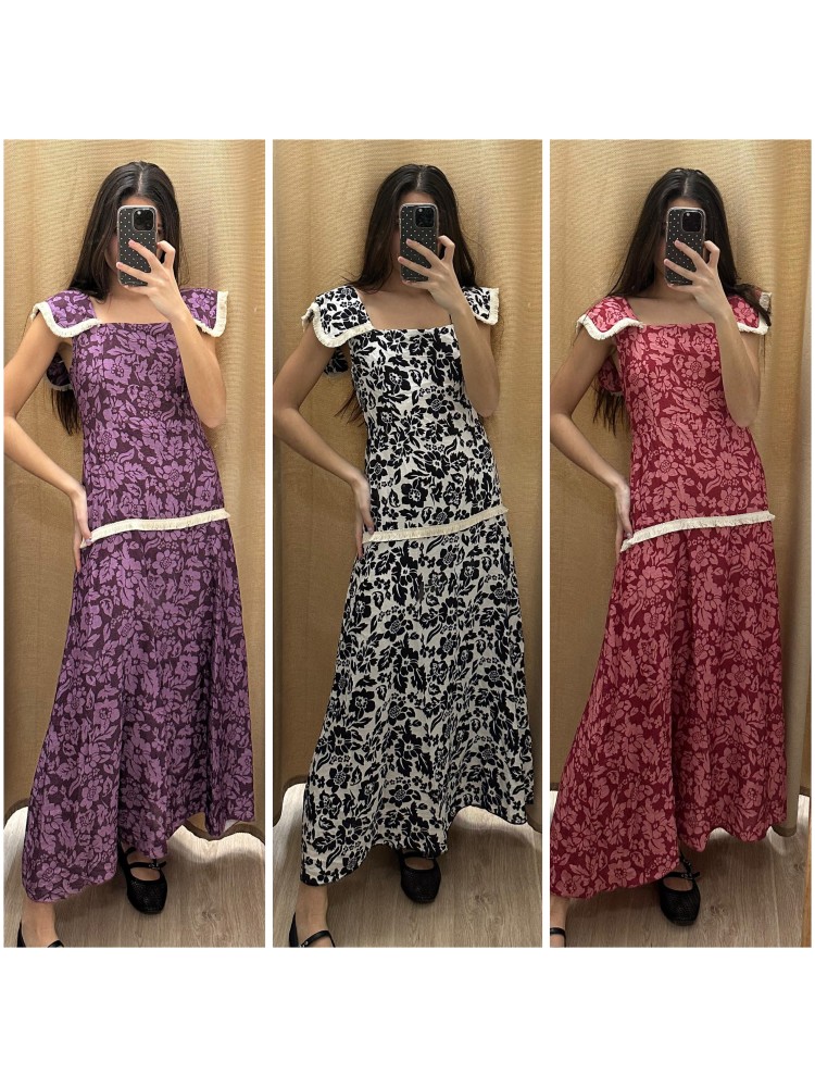 Vestido largo estampado con flequitos en sisa y cadera