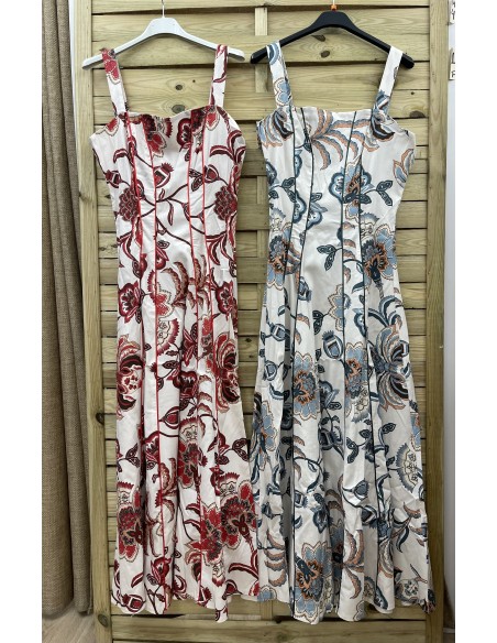 Vestido evasé flores de sisa con líneas lisas verticales