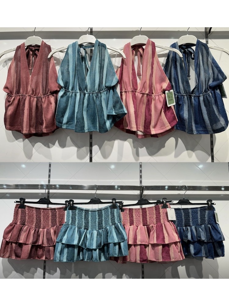 Falda mini doble volante de rayas verticales con brillito