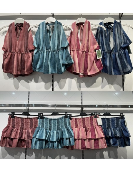 Falda mini doble volante de rayas verticales con brillito