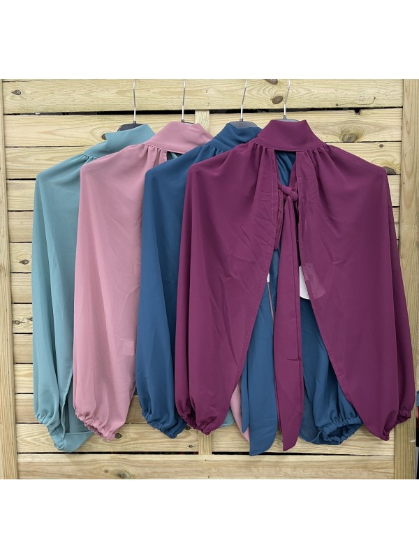 Vestido liso de gasa palabra con lazo y mangas 2