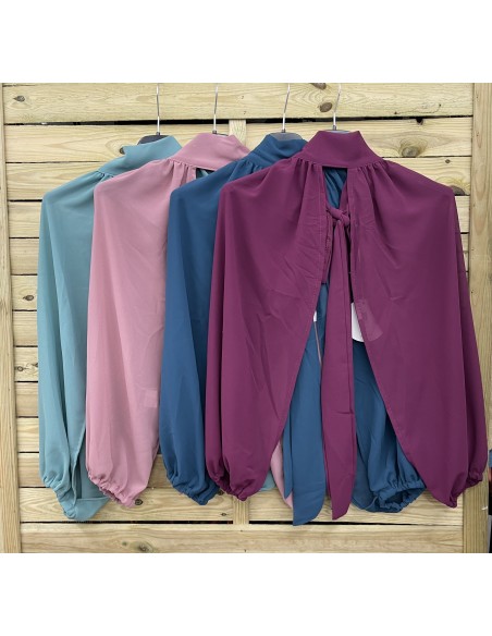 Vestido liso de gasa palabra con lazo y mangas