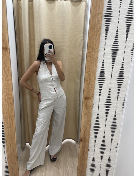 Top lino cogido al cuello con botones Ariel