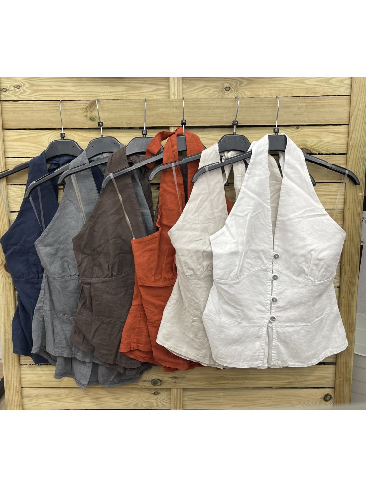 Top lino cogido al cuello con botones Ariel