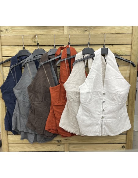 Top lino cogido al cuello con botones Ariel