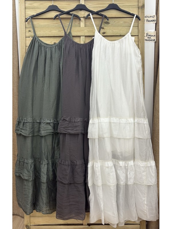 Vestido seda de tiranta con triple volante en bajo