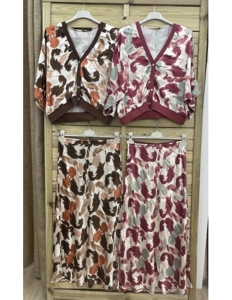 Falda saten mini puntilla estampado plumas