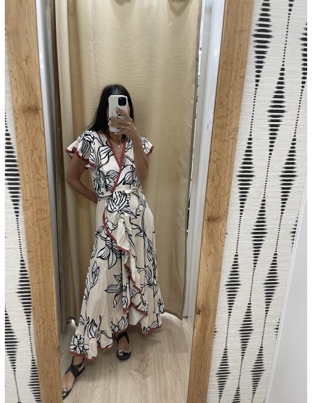 Vestido largo cruzado de flores vivo coral