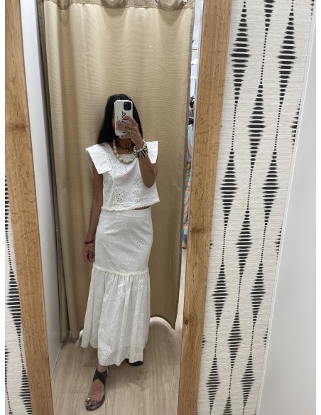 Conjunto liso brocado de top y falda detalle flequitos