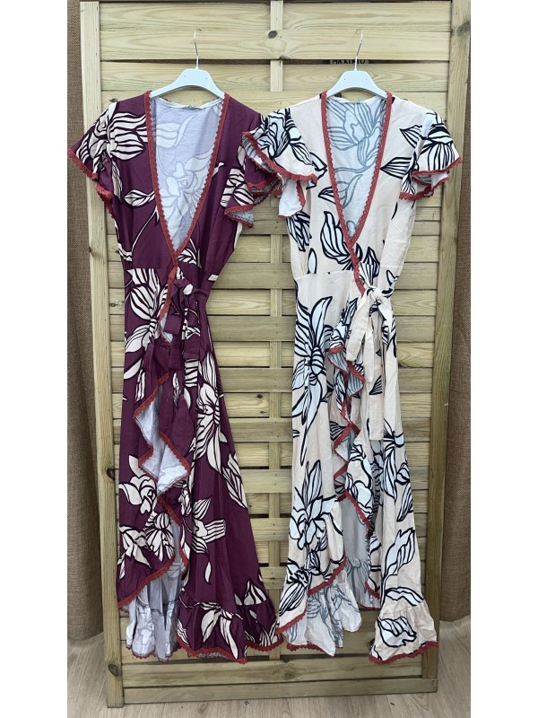 Vestido largo cruzado de flores vivo coral 2