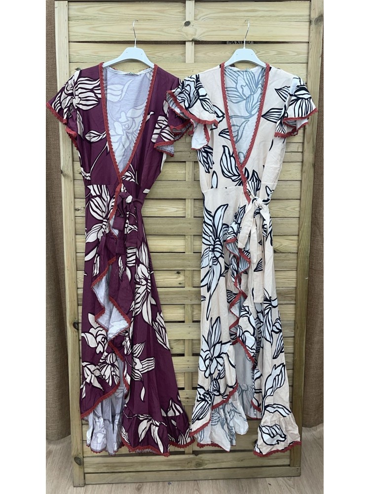 Vestido largo cruzado de flores vivo coral