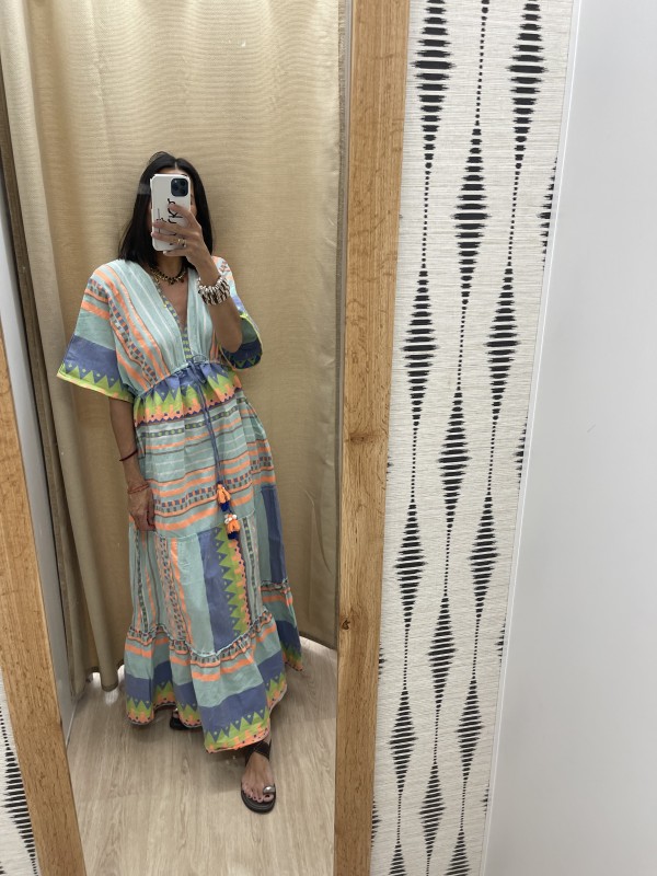 Vestido etinico colores con manga caída y cordón en cintura