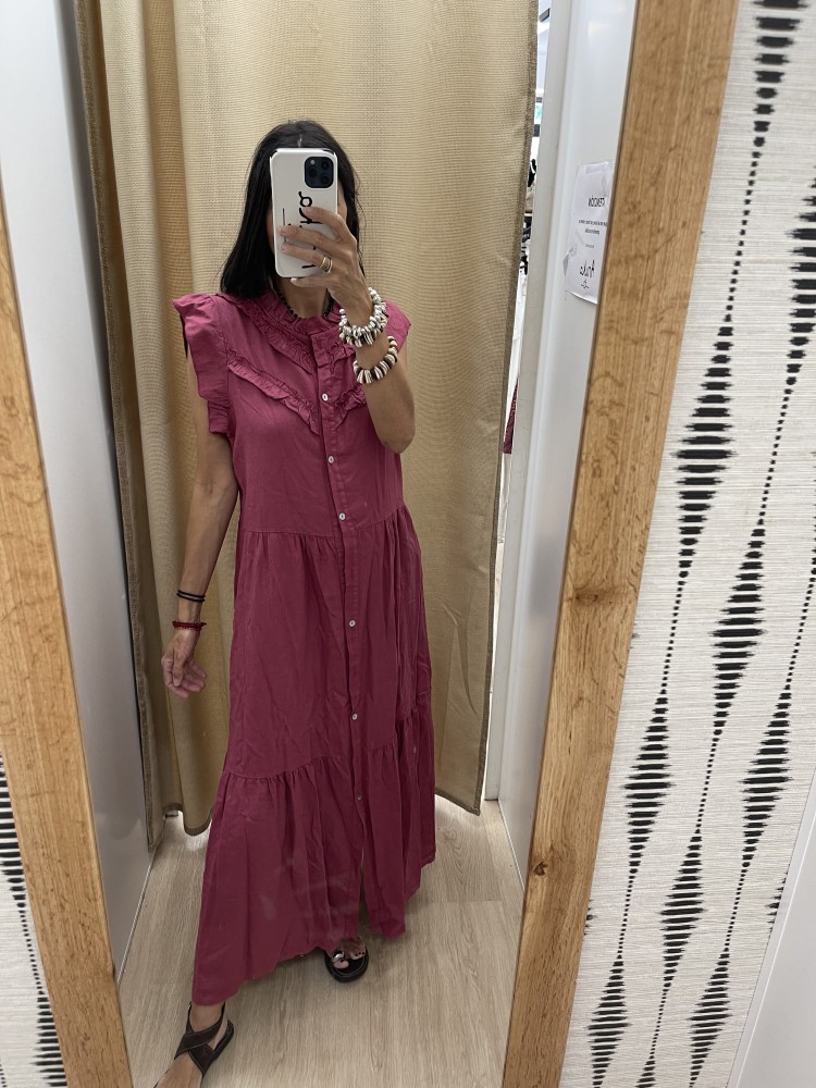 Vestido camisero liso de sisa con doble volantito
