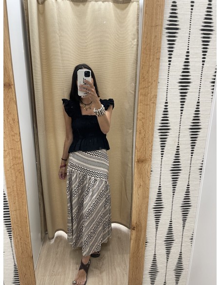 Falda larga zig zag diagonal con corte en cadera