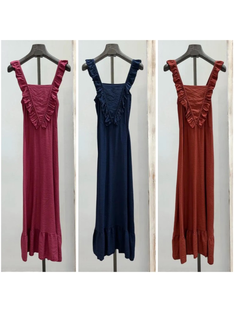 Vestido largo liso con volante delantero en pico