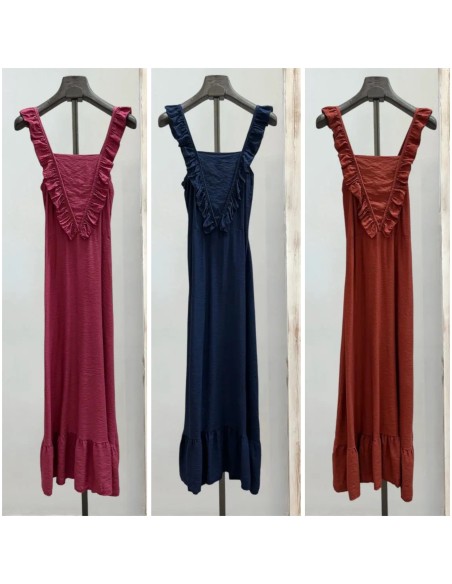 Vestido largo liso con volante delantero en pico