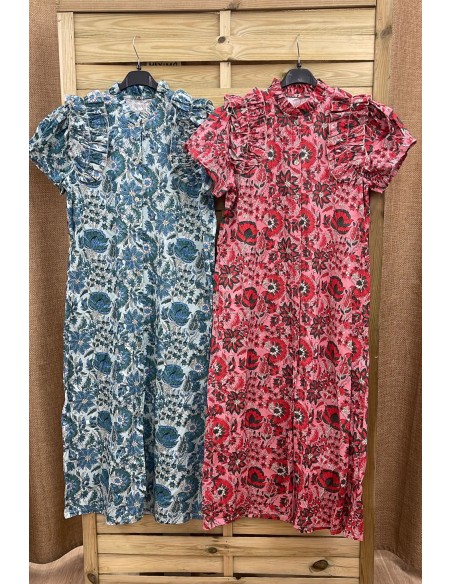 Vestido camisero flores con volante en hombros