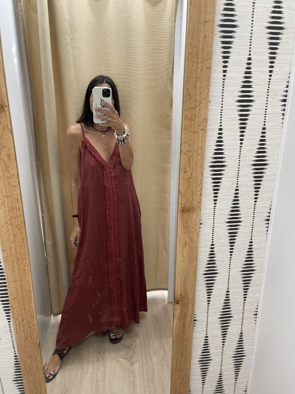 Vestido lino de tirantas con desflecado central 2