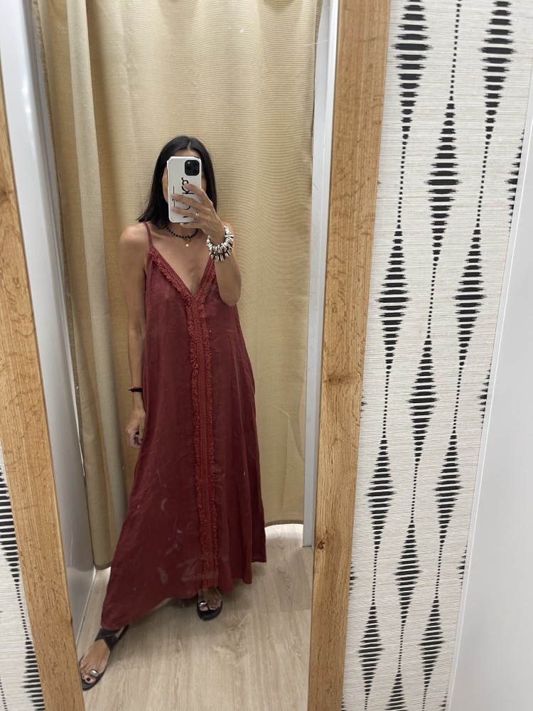 Vestido lino de tirantas con desflecado central