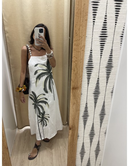 Vestido palmeras bordadas con tiranta abalorio
