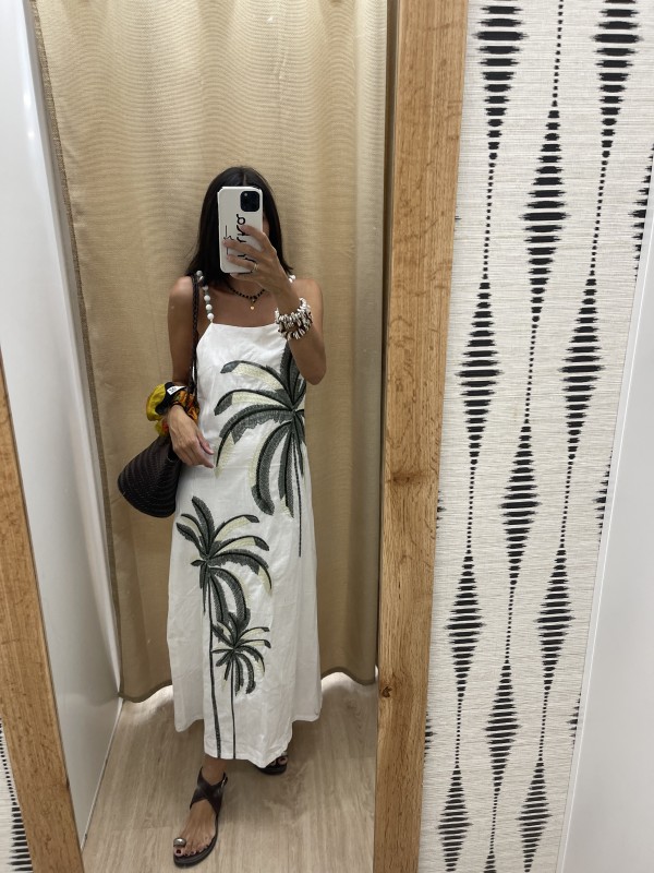 Vestido palmeras bordadas con tiranta abalorio 2