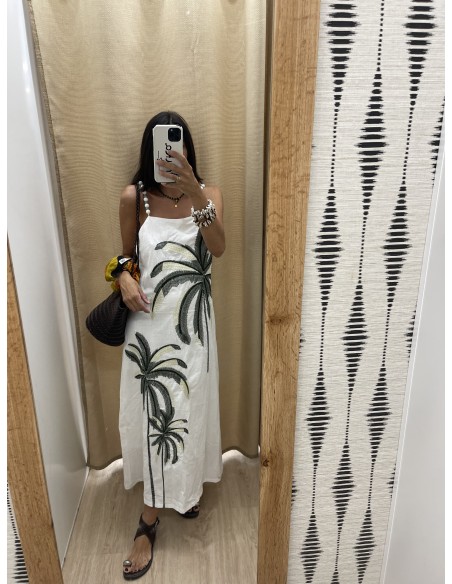 Vestido palmeras bordadas con tiranta abalorio