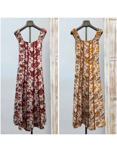 Vestido evasé flores rayas verticales con frunce en sisa