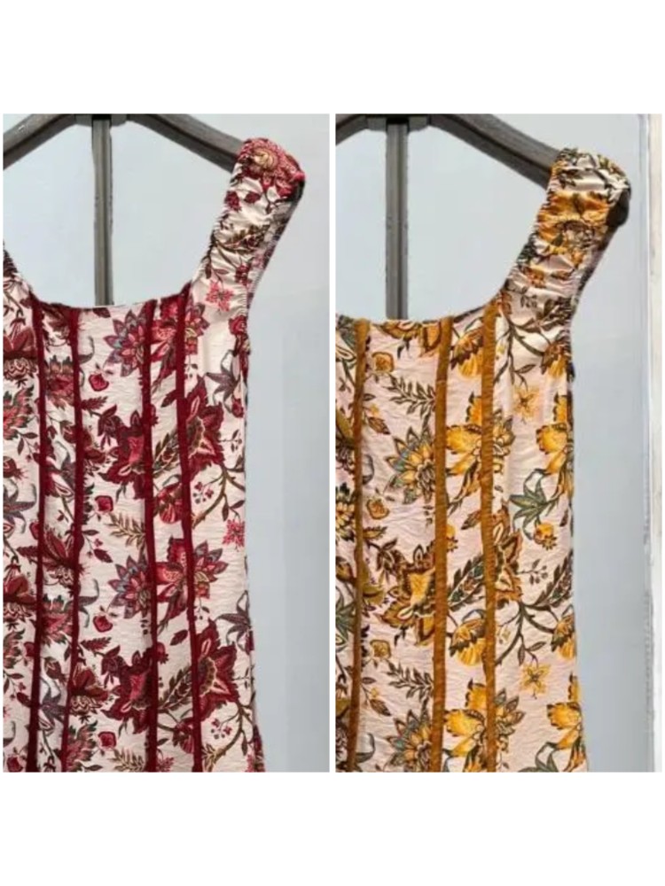 Vestido evasé flores rayas verticales con frunce en sisa