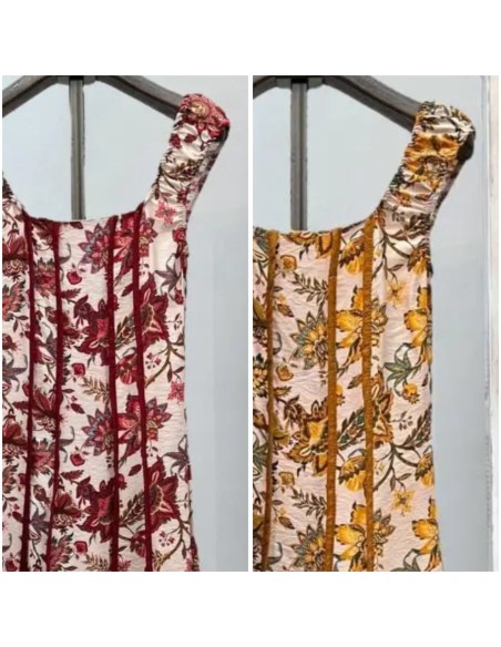 Vestido evasé flores rayas verticales con frunce en sisa