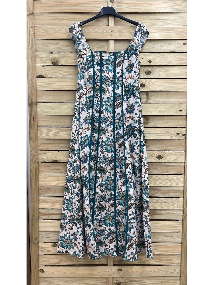 Vestido evasé flores rayas verticales con frunce en sisa