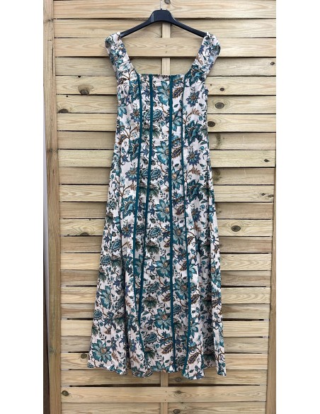 Vestido evasé flores rayas verticales con frunce en sisa