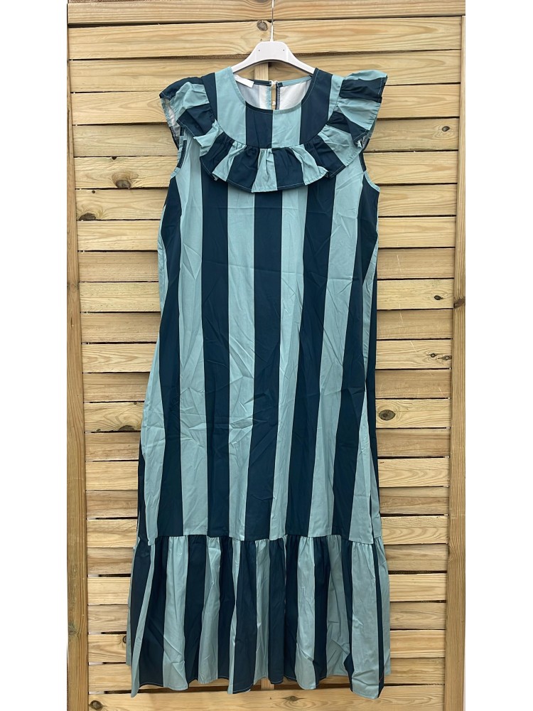 Vestido largo de rayas escote caja con volante