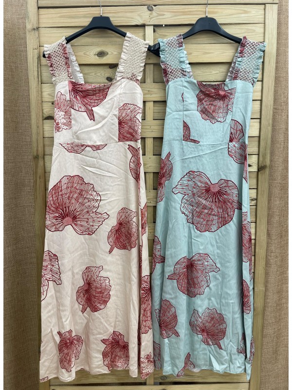 Vestido maxi flores con fondo liso y sisa hilitos dorados