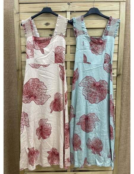 Vestido maxi flores con fondo liso y sisa hilitos dorados