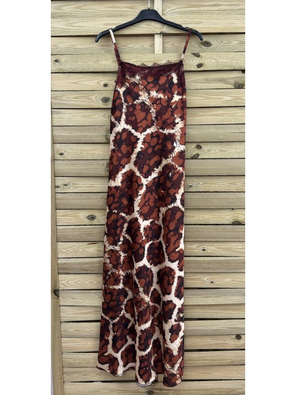 Vestido largo lencero de manchas con puntilla en escote