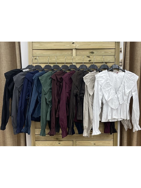 Camisa de manga larga con volante delantero en pico