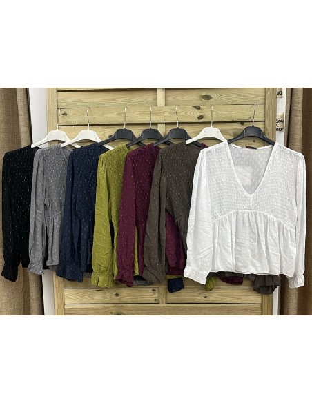 Camisa pico pecho fruncido hilitos plata