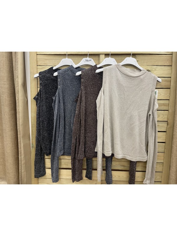 Top brillito de punto con arandelas y hombros descubiertos