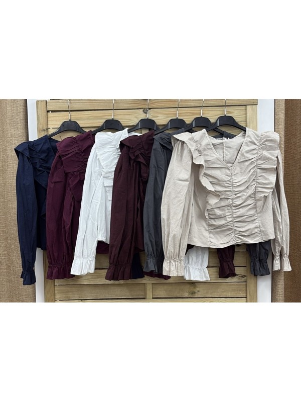 Camisa de manga larga con parte delantera fruncida y capita en hombros