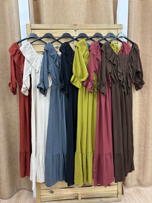 Vestido manga francesa y volante en pico con borde dorado