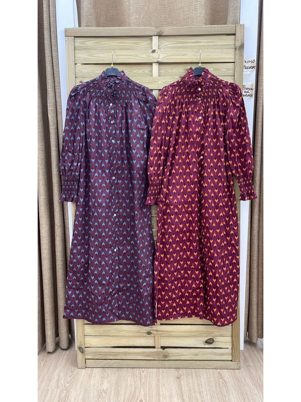 Vestido camisero picos con cuello y puño fruncidos