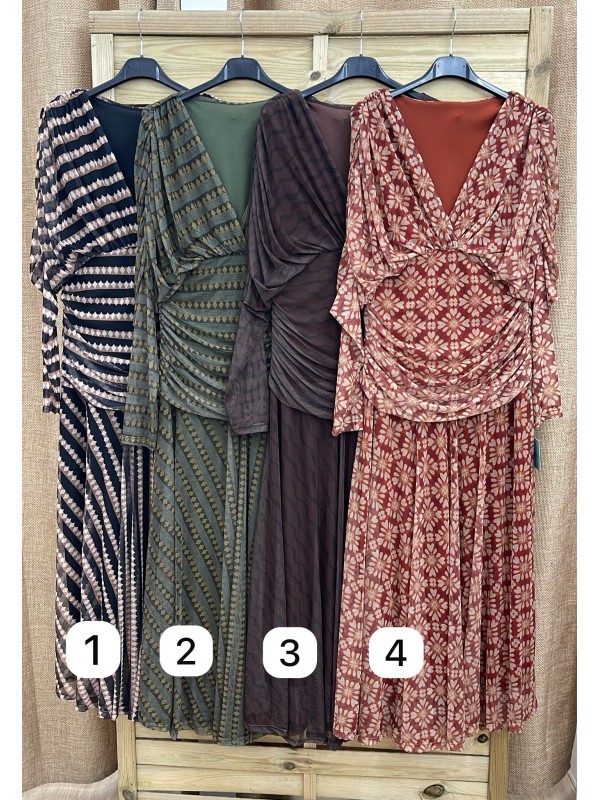 Vestido largo estampado de tul con maxi frunce  en cintura