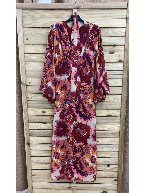 Vestido de gasa estampado con manga acampanada y lazo